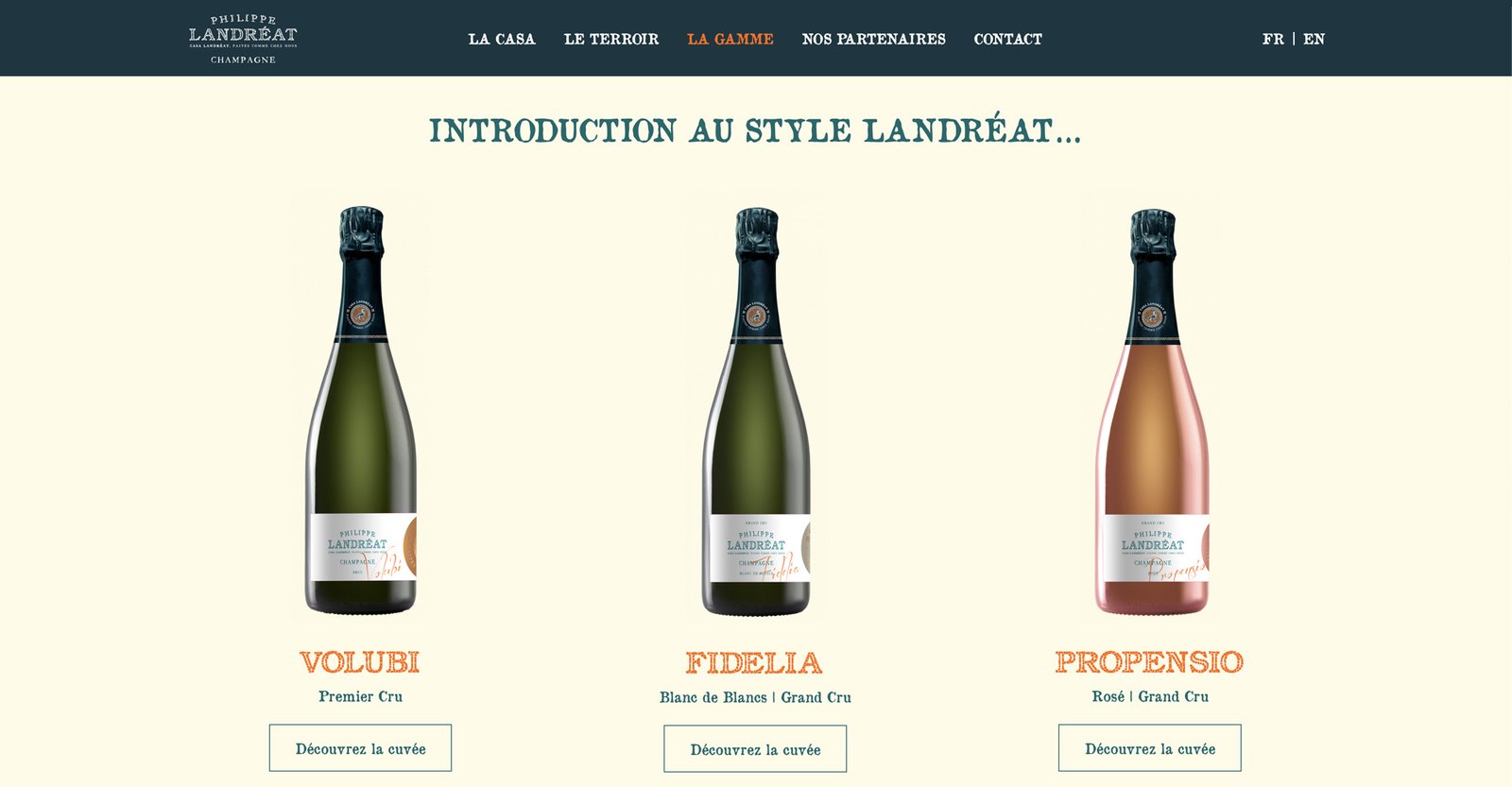 Site internet – Les cuvées Champagne Landréat Page du site internet du Champagne Landréat présentant les cuvées