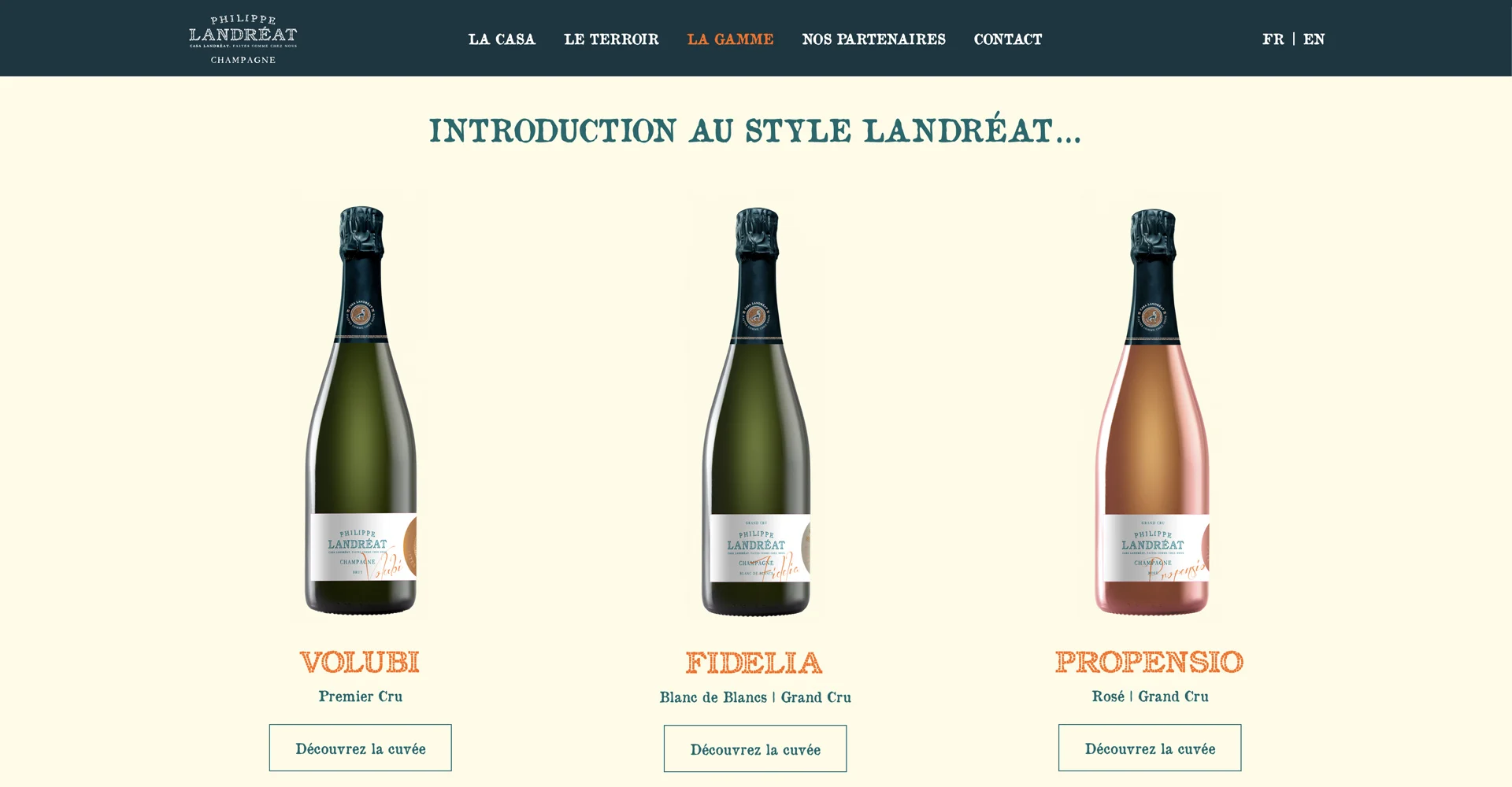 Site internet – Les cuvées Champagne Landréat Page du site internet du Champagne Landréat présentant les cuvées