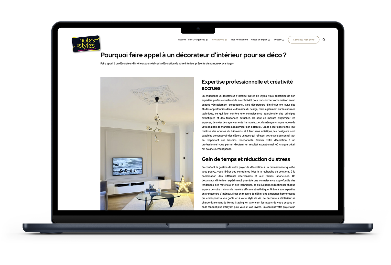 Page du site internet présentant les agences Notes de Styles