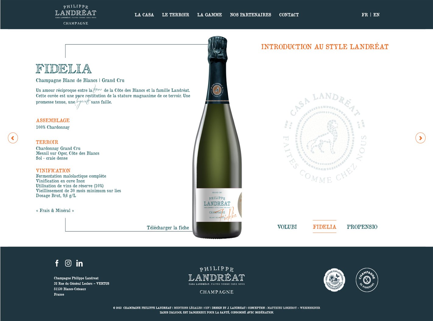 Site internet – Cuvée Fidelia Champagne Landréat Page du site internet du Champagne Landréat présentant la cuvée Fidelia