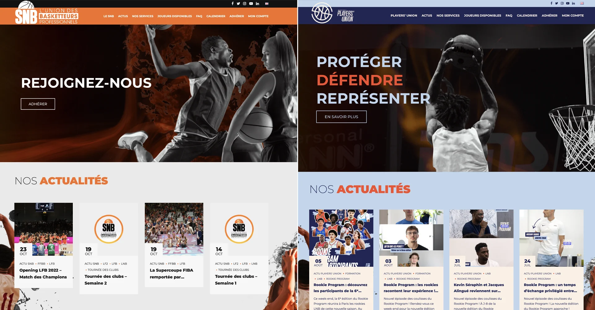 Évolution du site internet du Syndicat National des Basketteurs avant et après sa nouvelle identité visuelle